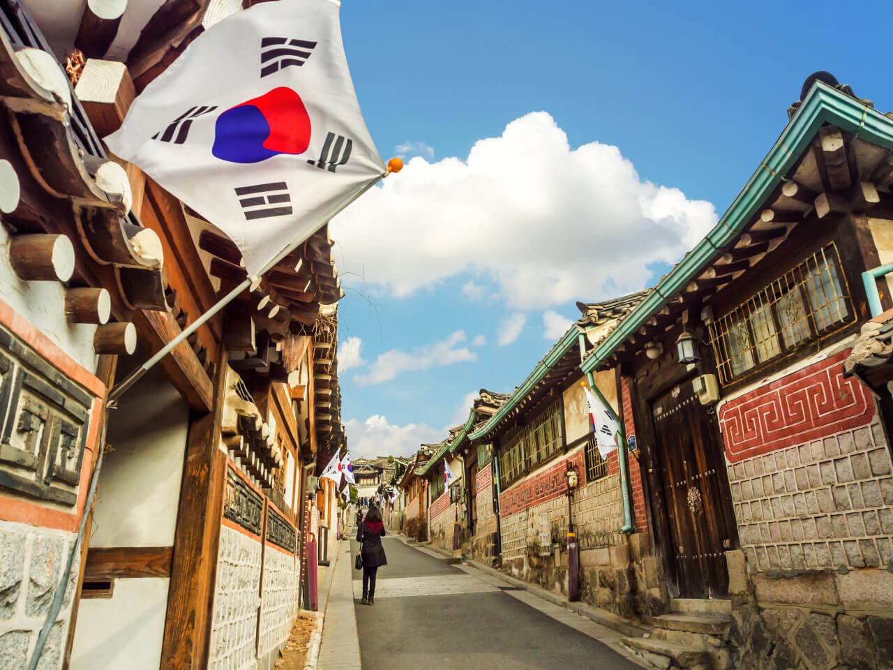 Traditional Korean style architecture at Bukchon Hanok Village in Seoul, South Korea.