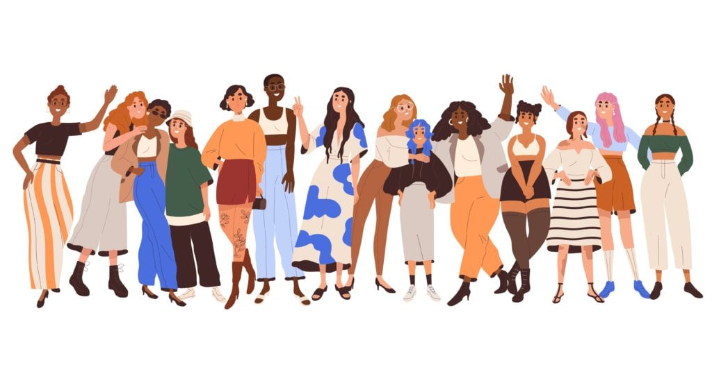 Group of happy diverse women with different skin color, figure types, height and race. Concept of body positivity and beauty in diversity.